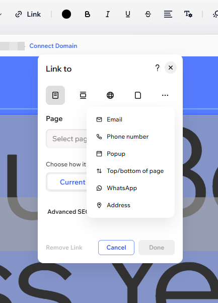 Screenshot of Mre Actions menu of Link Panel in Wix Harmony.