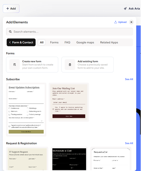 Captura de pantalla del panel Agregar elementos en el editor de Wix Harmony.