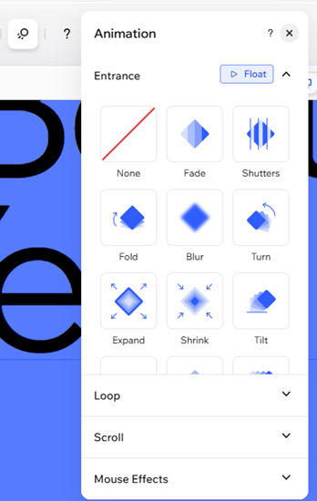 Screenshot of animation panel in Wix Harmony.