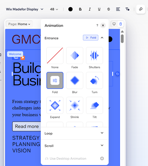 Screenshot of add animation panel on mobile editor.