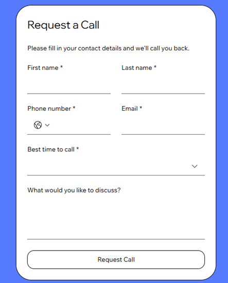 Captura de pantalla del formulario de solicitud de llamada de Wix Formularios que muestra una serie de campos obligatorios y el botón Solicitar llamada.