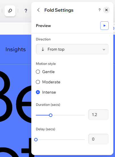 Screenshot of fold setting animation panel in Wix Harmony.
