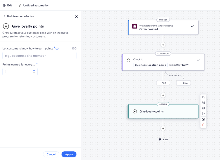 screenshot of wix automations with give loyalty points panel open on the left.