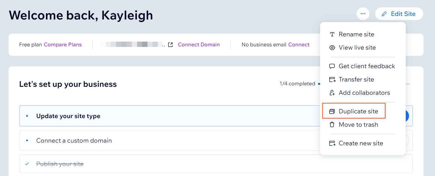 A screenshot of duplicating a site in the site's dashboard.