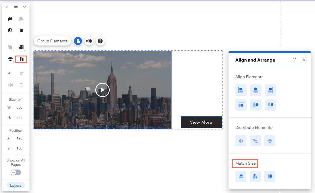 Screenshot of editor toolbar, with align and arrange panel showing. Match Size option highlighted.