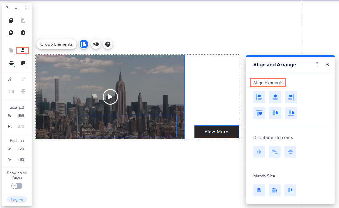 Screenshot of editor toolbar, with align and arrange panel showing. Align Elements height highlighted.