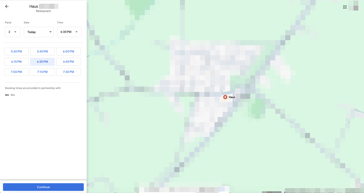 Google arayüzü üzerinden wix restoran rezervasyon akışının ekran görüntüsü