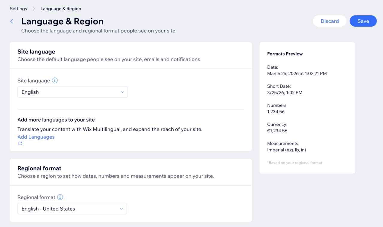 impostazioni della lingua e della regione di un sito Wix