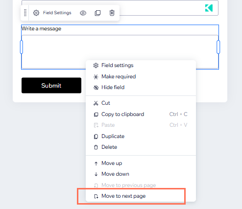 screenshot of right click menu of field in wix form builder. move to next page hihglighted.