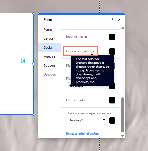 Pannello delle impostazioni di Moduli Wix, il testo dell'opzione è in evidenza