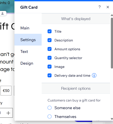 screenshot of gift card setting panel options
