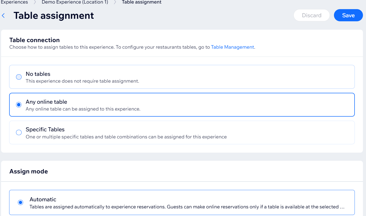 table assignment section in wix experiences