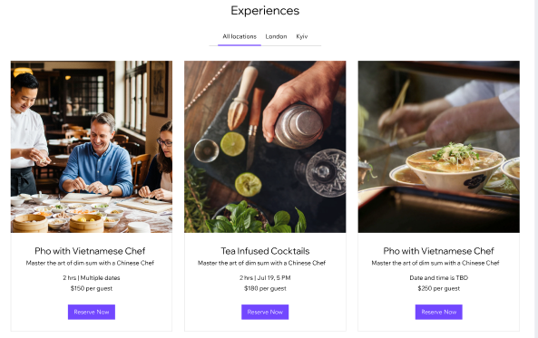 screenshot of wix table reservations experience list on wix site