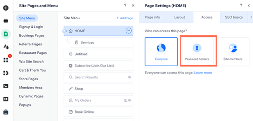 screenshot of page settings panel in wix editor