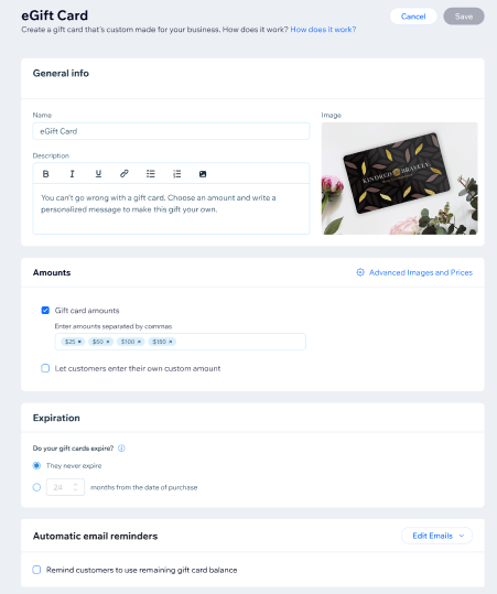 Screenshot der allgemeinen Einstellungen für Geschenkkarten in der Website-Verwaltung