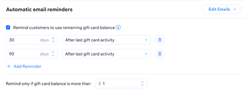 Screenshot mit den Einstellungen für automatische E-Mail-Erinnerungen in den Geschenkkarten-Einstellungen