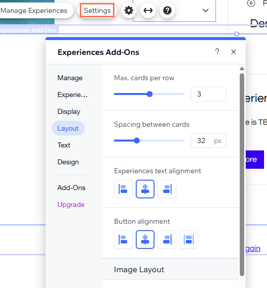 screenshot of experience list settings panel.