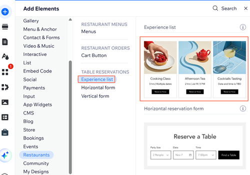 screenshot of add elements panel with experience list highlighted.