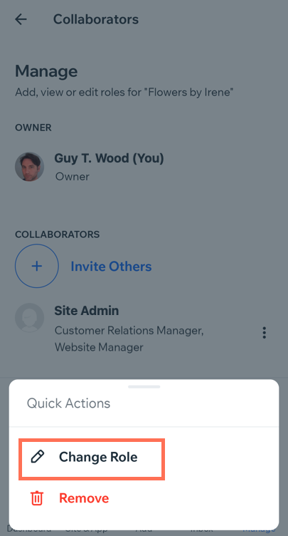 Screenshot of Owner app when changing a role