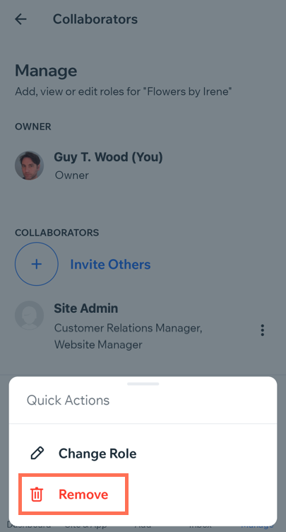 Screenshot of the Owner app when removing a collaborator