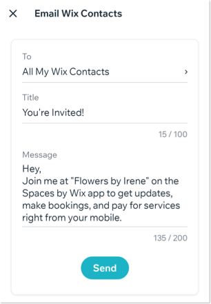 A screenshot of the email template before you email your wix contacts from Wix Owner app.