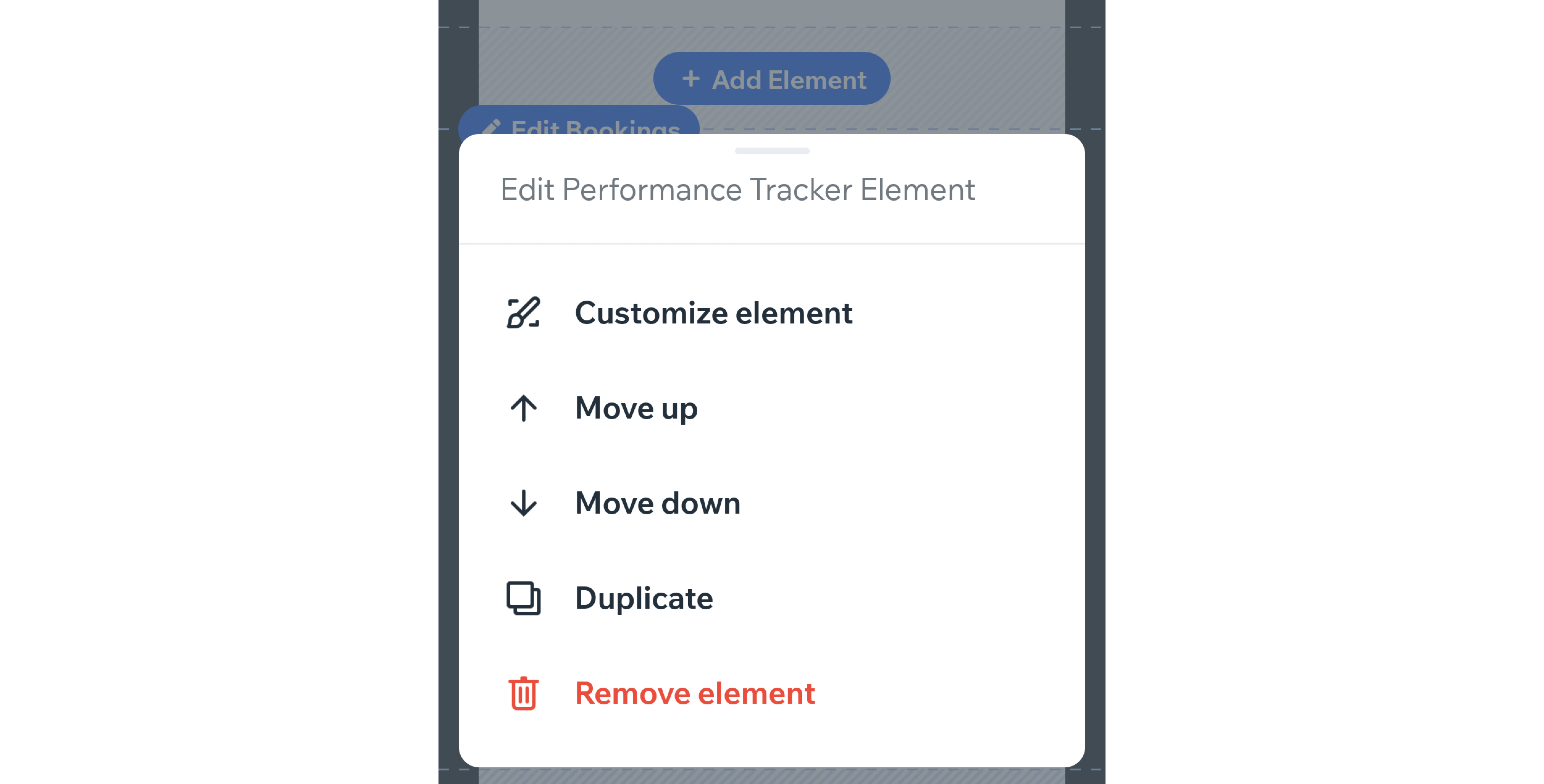 Captura de pantalla que muestra las opciones disponibles para administrar los elementos en la app Fit by Wix.