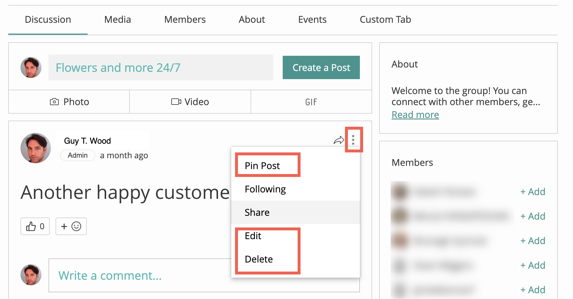 Edit, pin and delete options on the group post