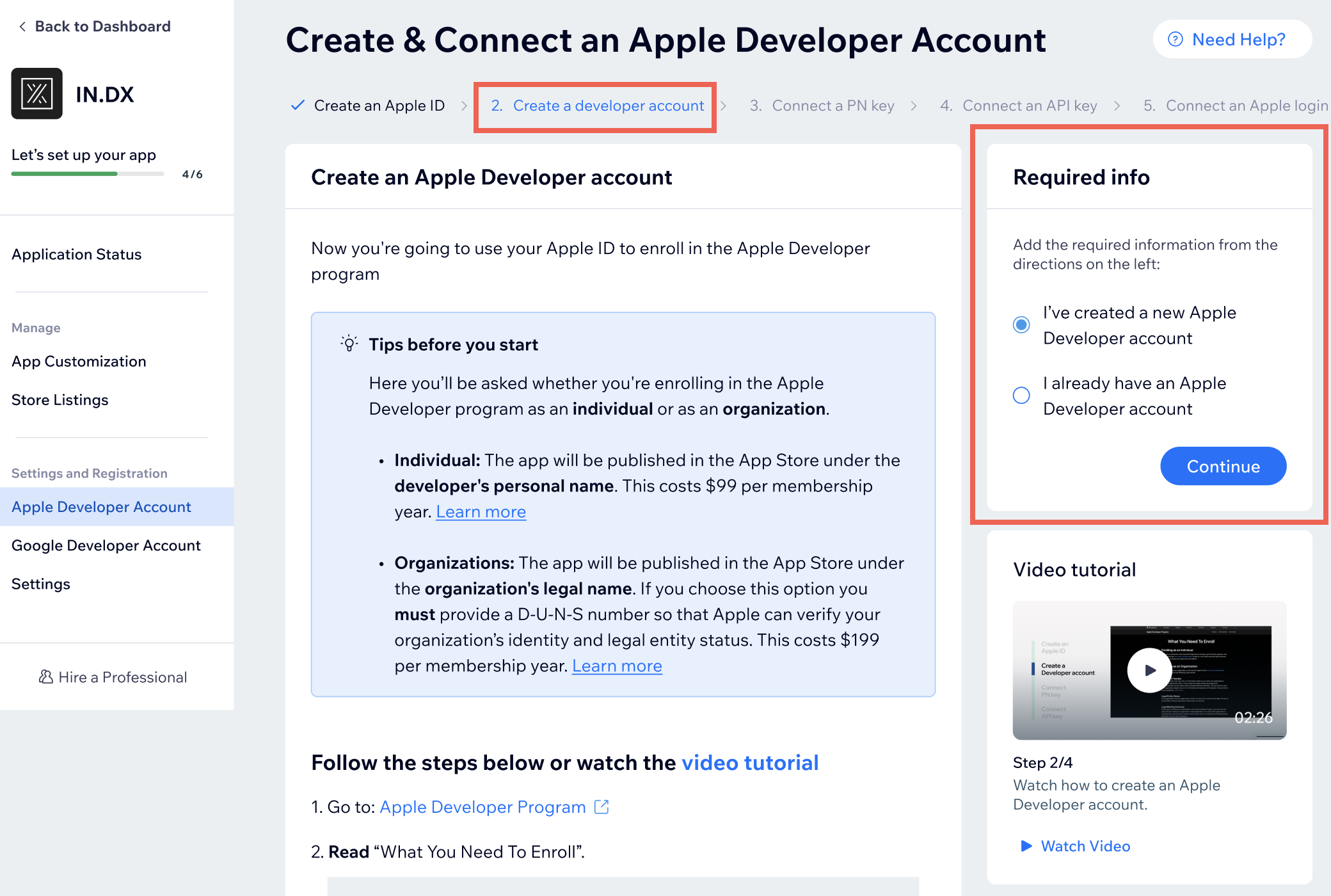 Compte de développeur Apple, étape 2 et informations requises.