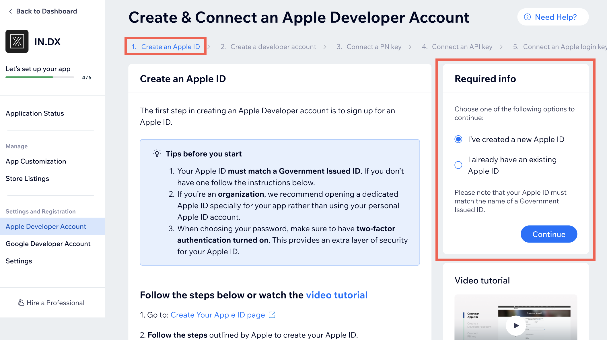 Apple デベロッパアカウント設定の「Apple ID を作成」ステップのスクリーンショット。