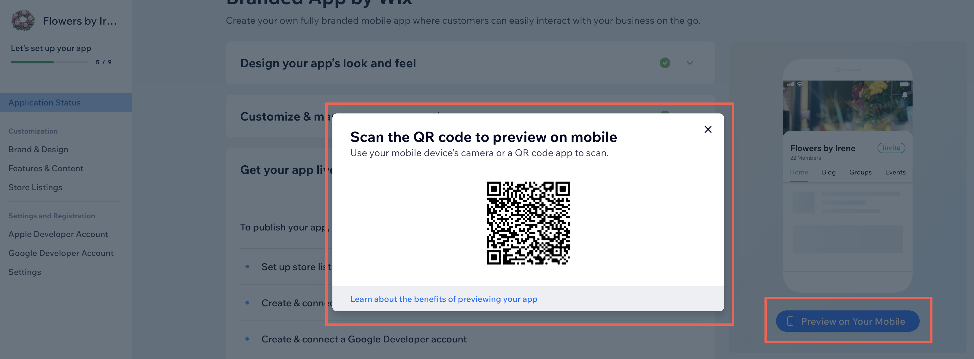 Branded App by Wix Aperçu de votre appli sur un appareil mobile