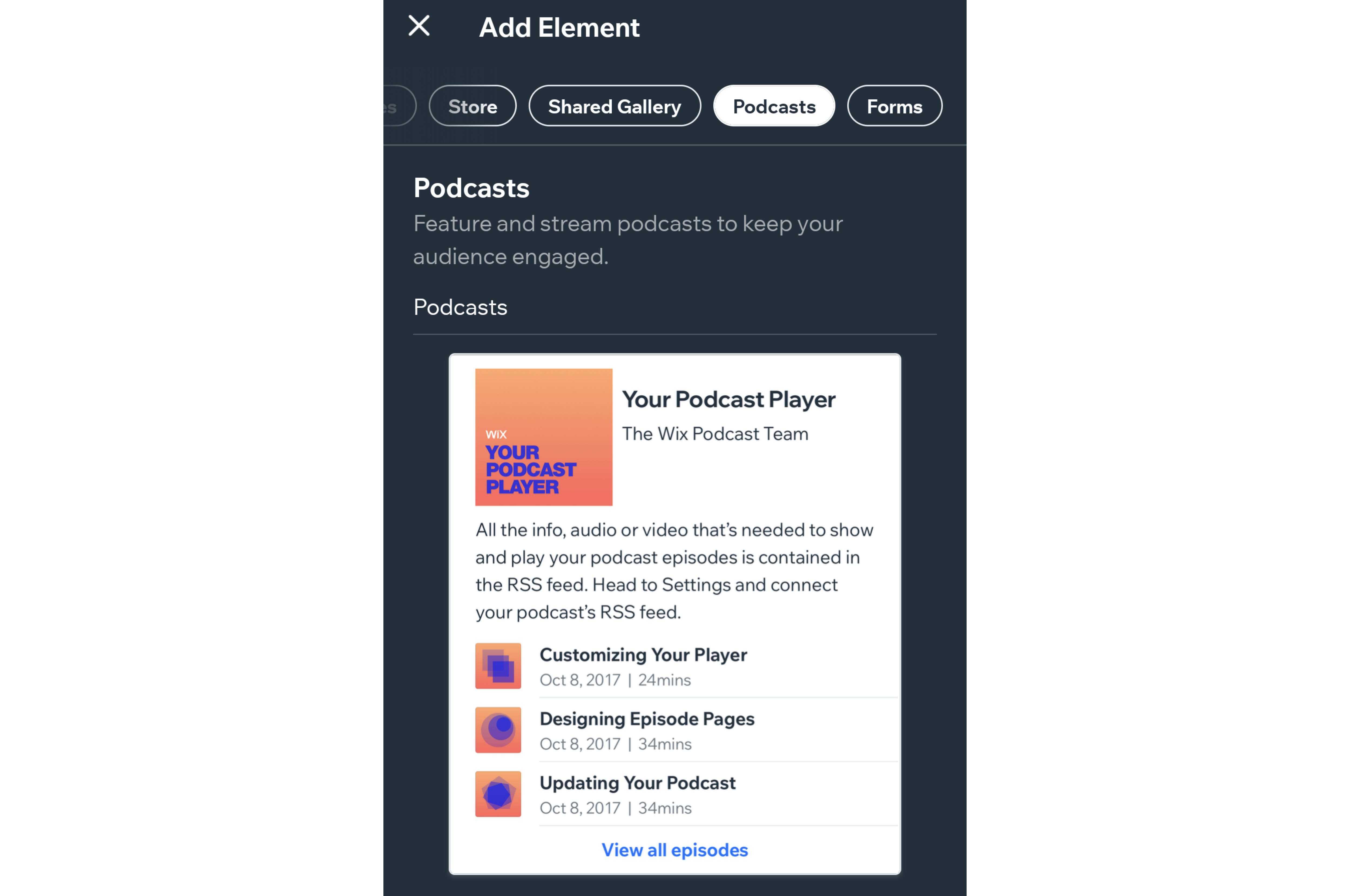 A screenshot of the Podcast element.