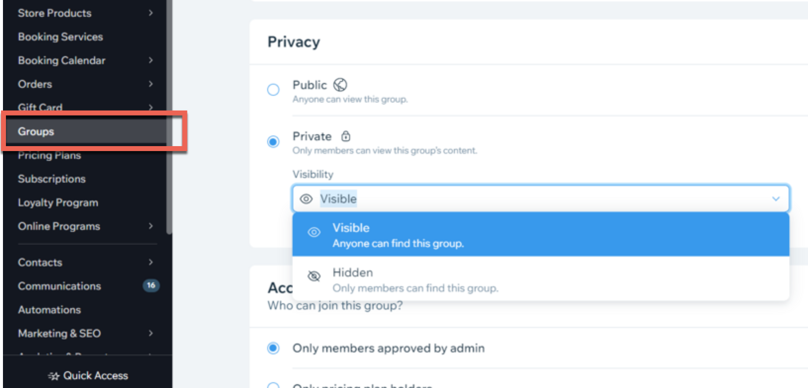 Setting up groups in the dashboard