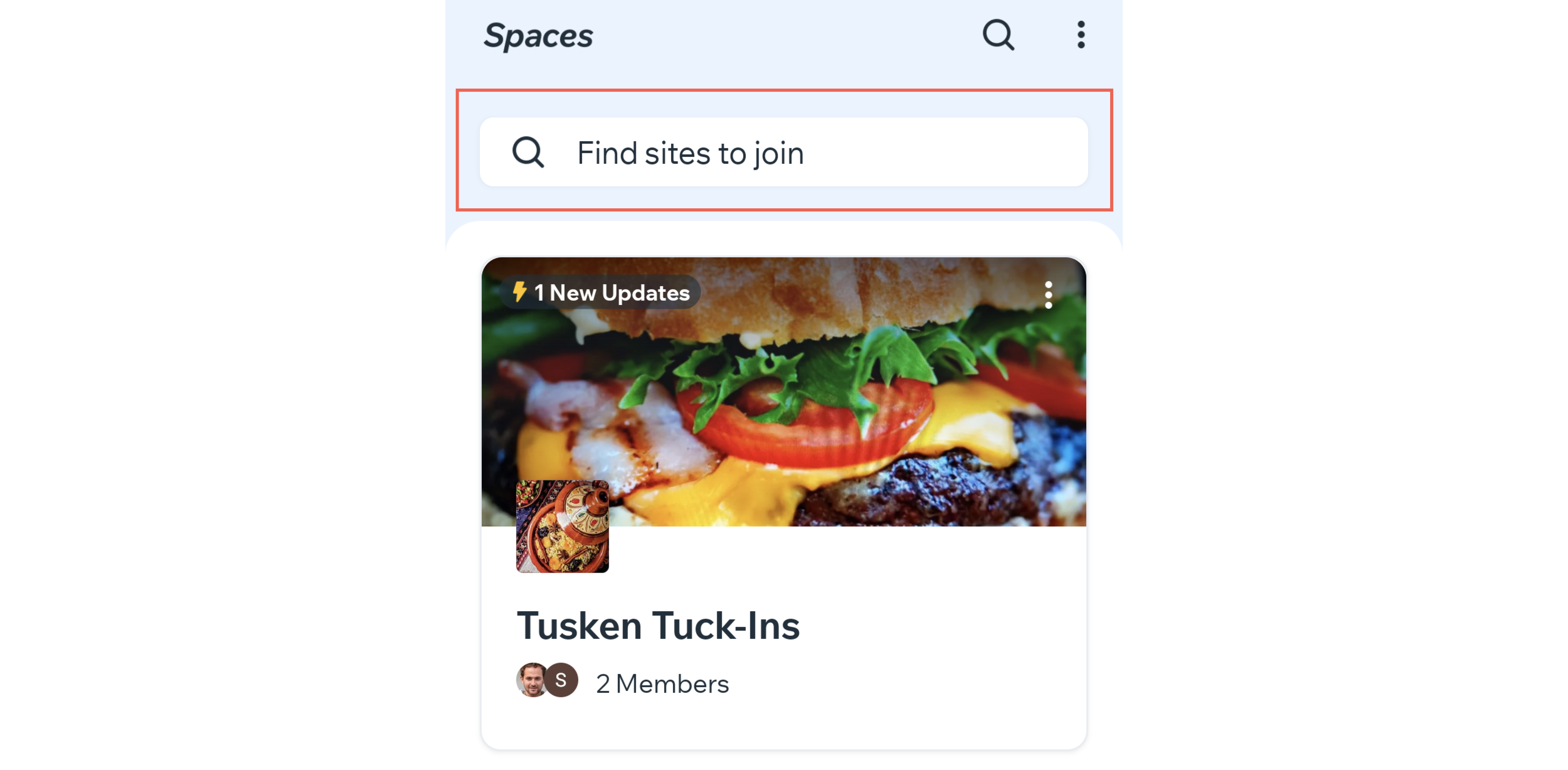 Spaces by Wix 앱의 사이트 검색 바 스크린샷.