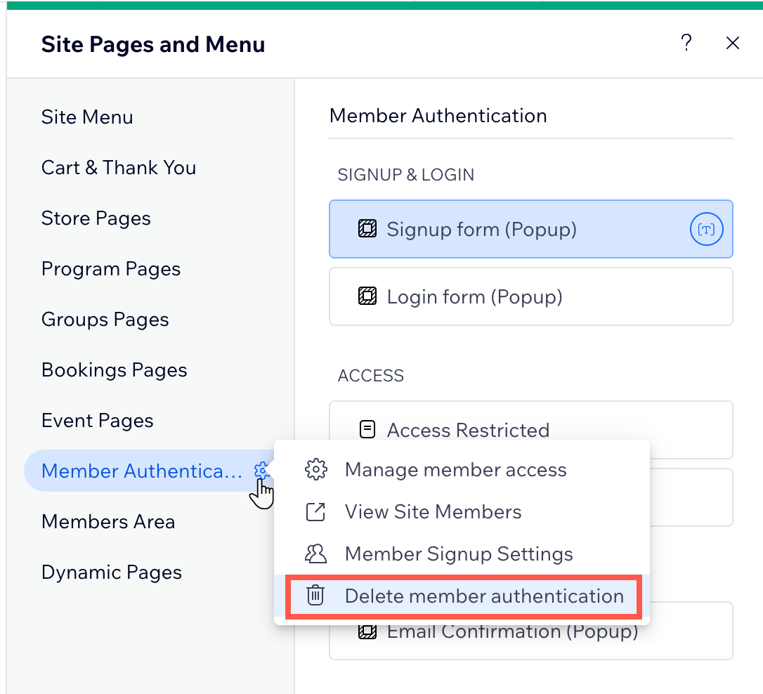 Captura de pantalla del Editor de Wix al eliminar la app Autenticación de miembros.