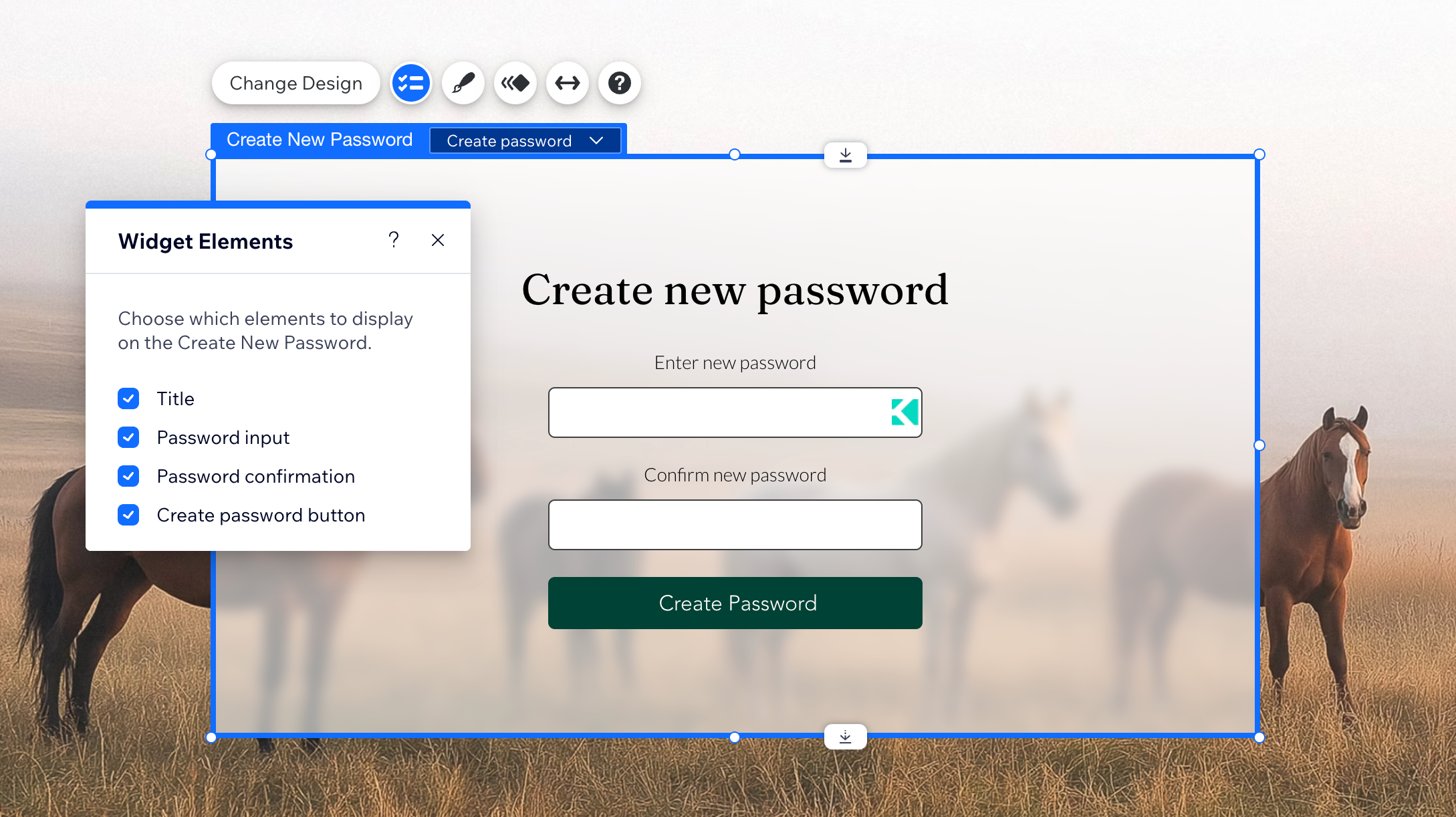 Wix エディタで、新しいパスワードを設定する様子を示したスクリーンショット。
