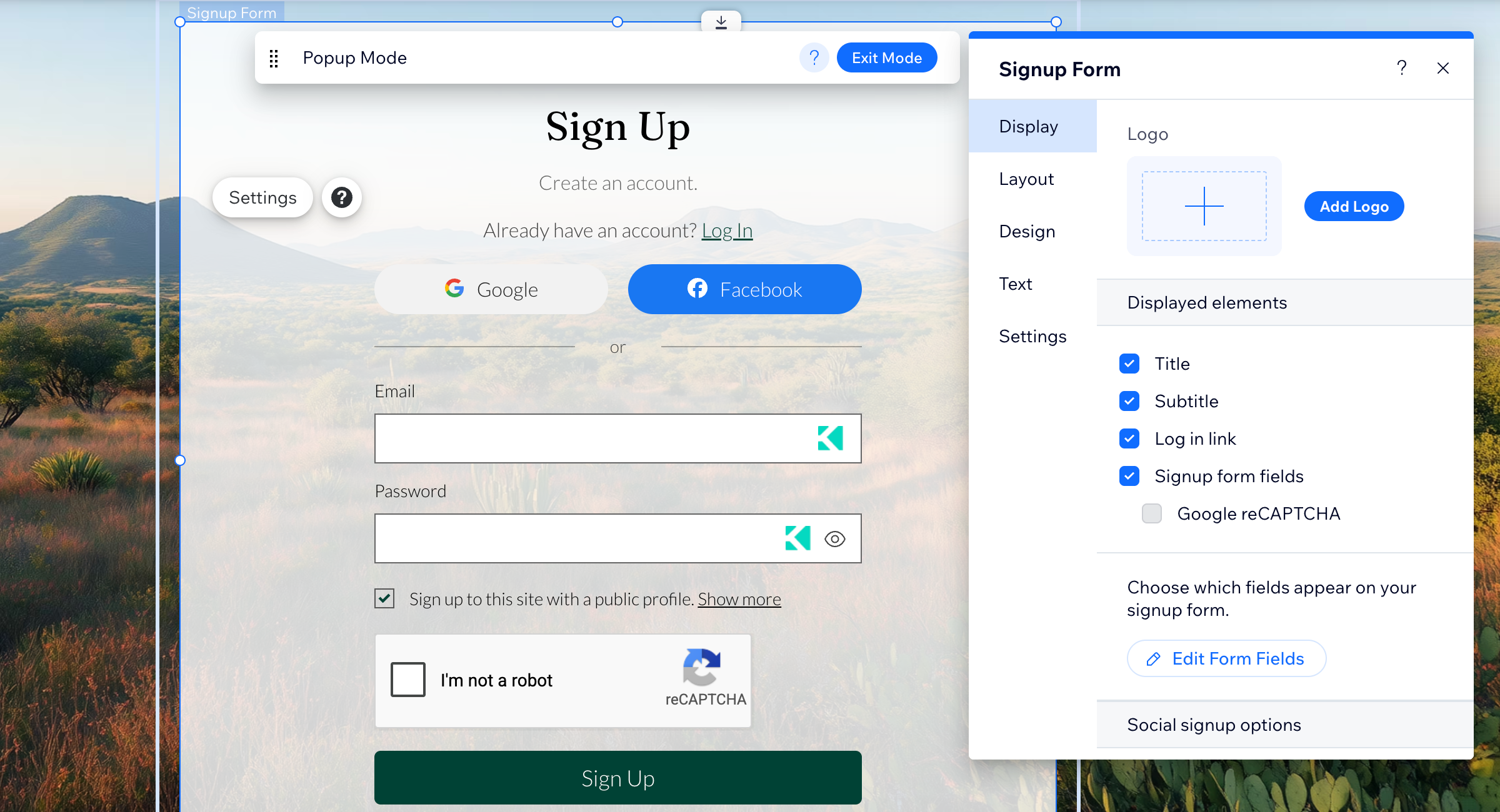 Captura de pantalla del Editor de Wix para los formularios de registro e inicio de sesión de miembros, que muestra las opciones de privacidad.