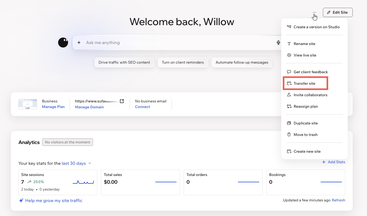 Uma captura de tela mostrando o menu de ações do site, onde você pode selecionar a opção de transferir o site.