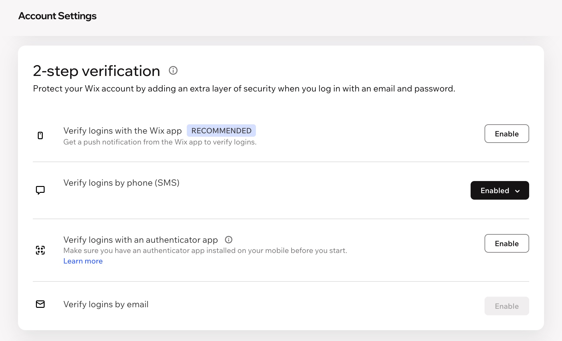 Captura de pantalla que muestra las opciones de verificación en dos pasos para tu cuenta de Wix.