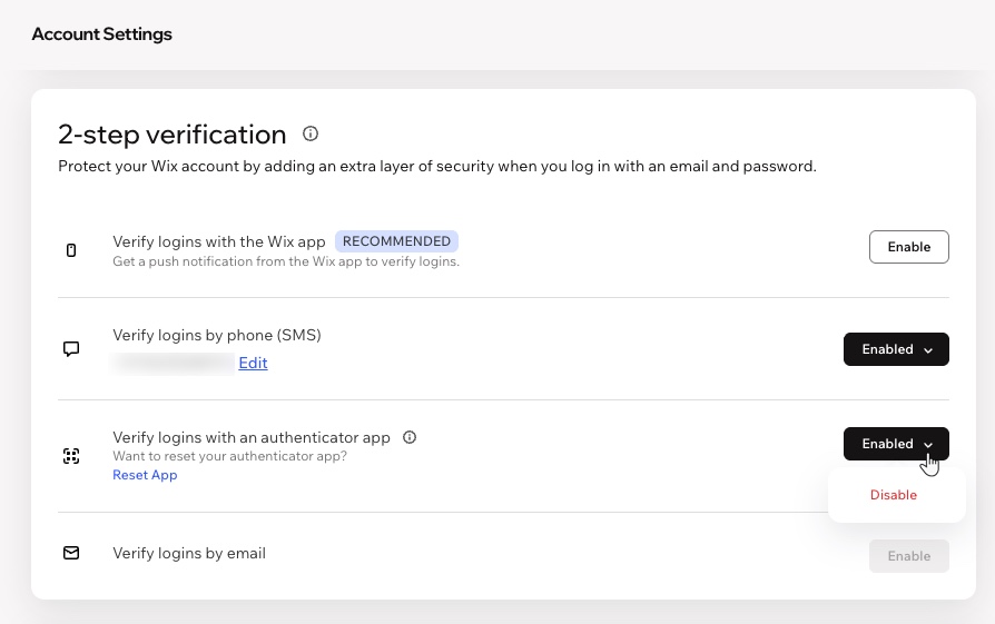 Captura de pantalla que muestra las opciones de verificación en dos pasos para tu cuenta de Wix. La opción de la app de autenticación está resaltada.