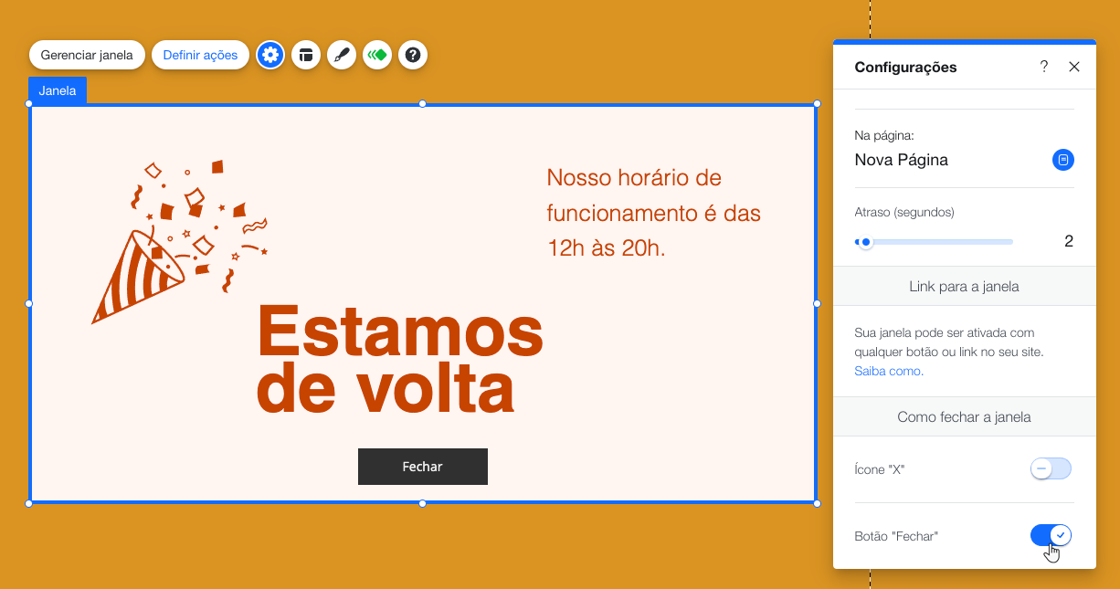 Editor Wix: adicionar e configurar uma janela