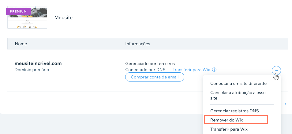 Página domínios, com mais opções abertas em um domínio e a opção Remover do Wix destacada