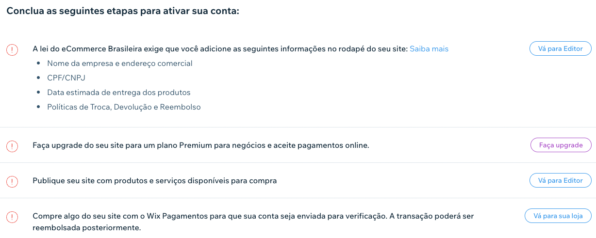 Tela com as etapas a serem seguidas para a configuração de uma conta do Wix Pagamentos Brasil