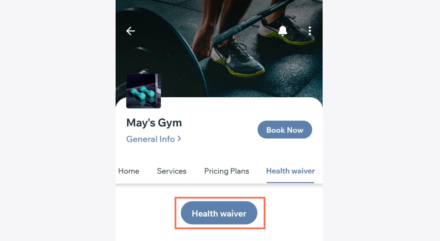 A screenshot of a gym’s member app. The health waiver tab and button are highlighted.