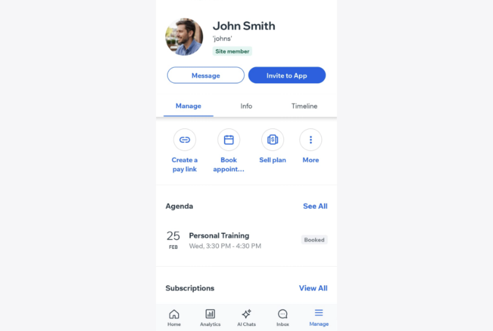 Screenshot of a member's profile on the Wix app