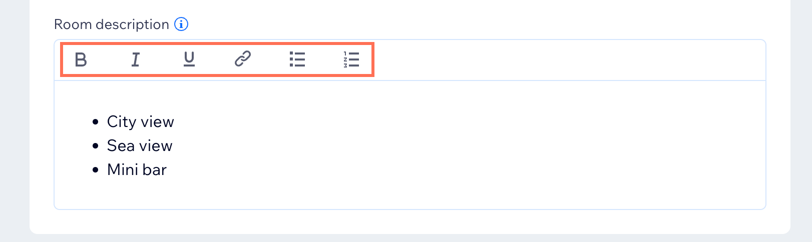客室説明テキストの書式設定オプションが表示されたスクリーンショット