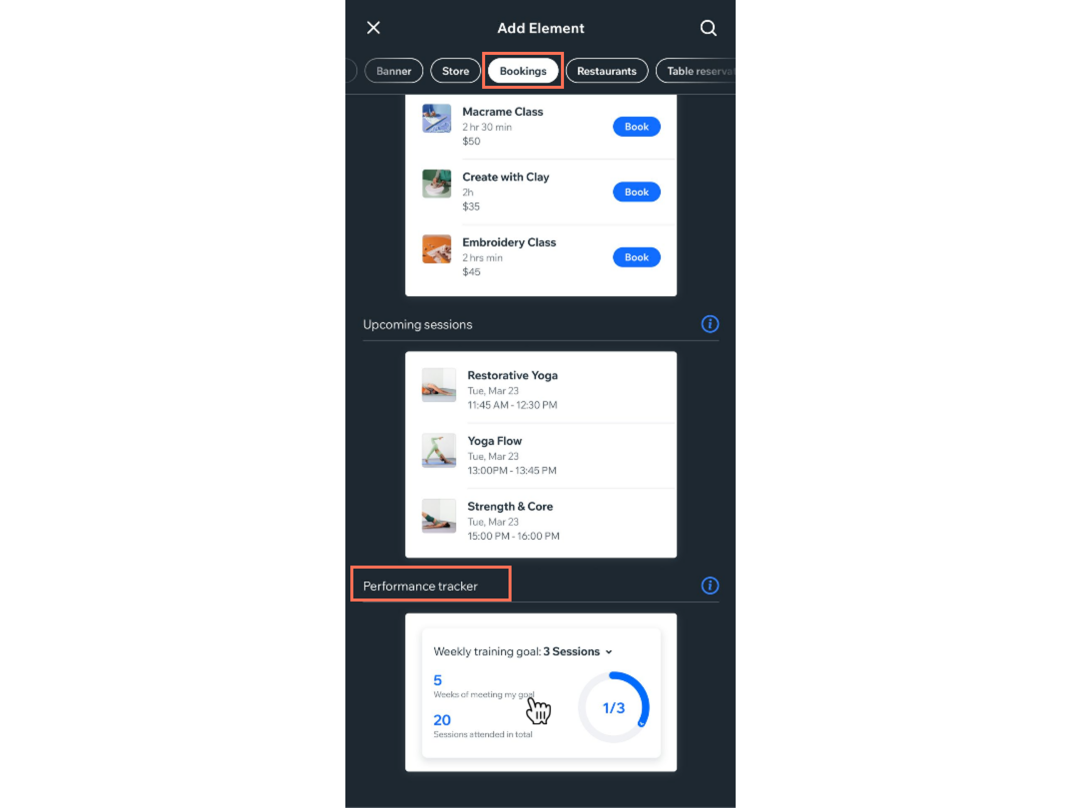 Add Element panel in the Wix app. The Bookings tab is selected and the Performance tracker is highlighted