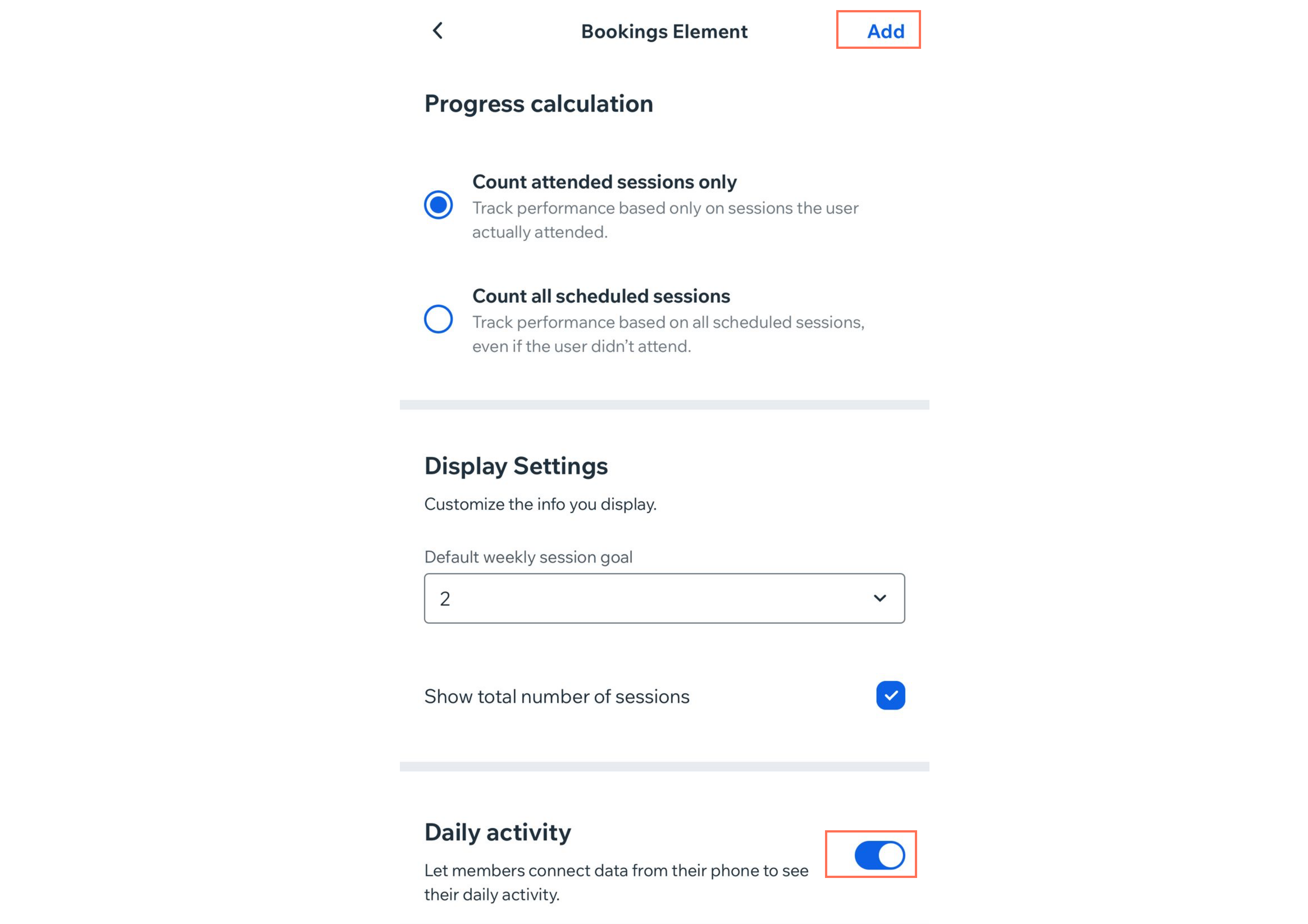 Bookings Element setting screen on the Wix app. The toggle enabling the Daily activity and the Add option are highlighted