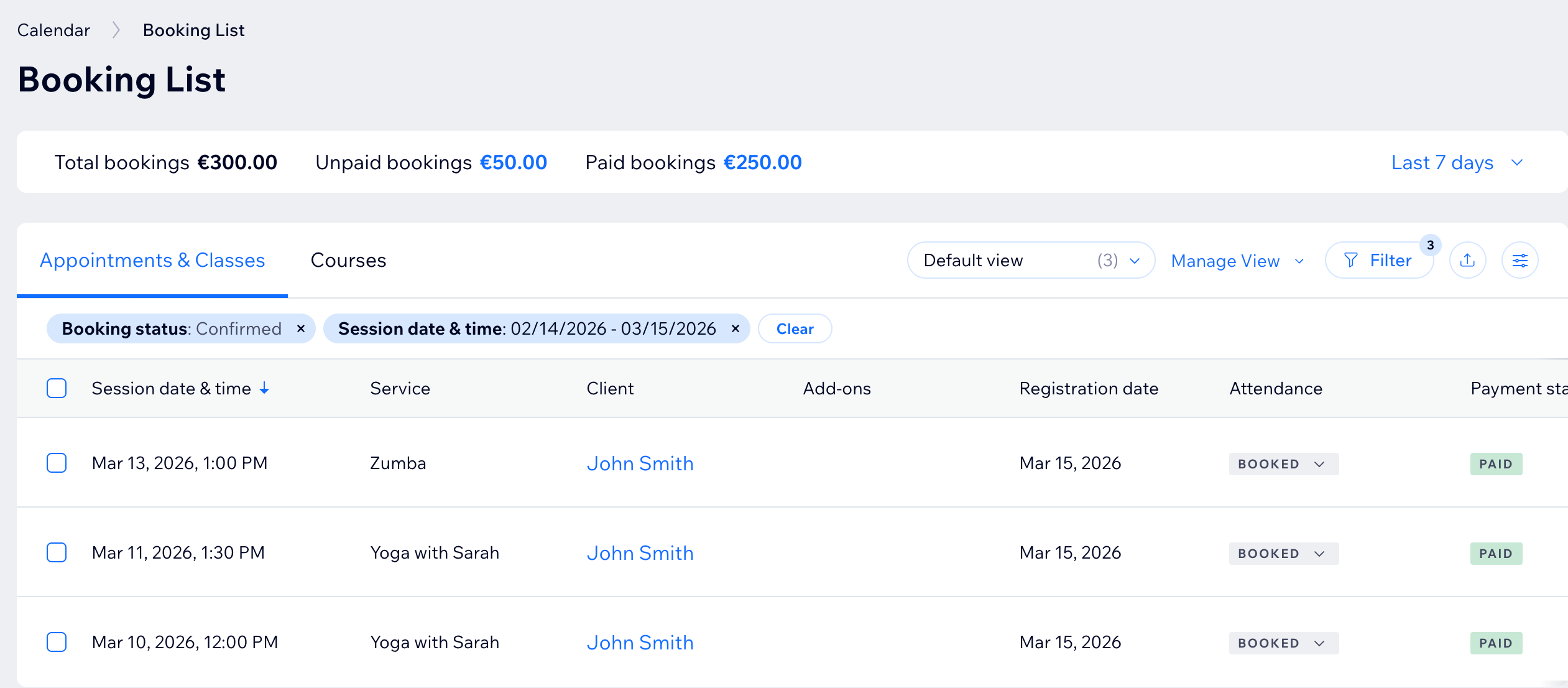A screenshot of the Bookings List in the dashboard.