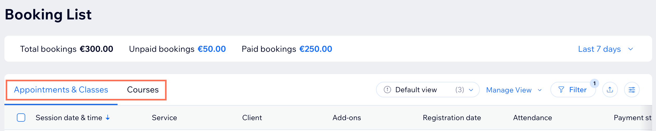 A screenshot with the Appointments & Classes or Courses options highlighted.