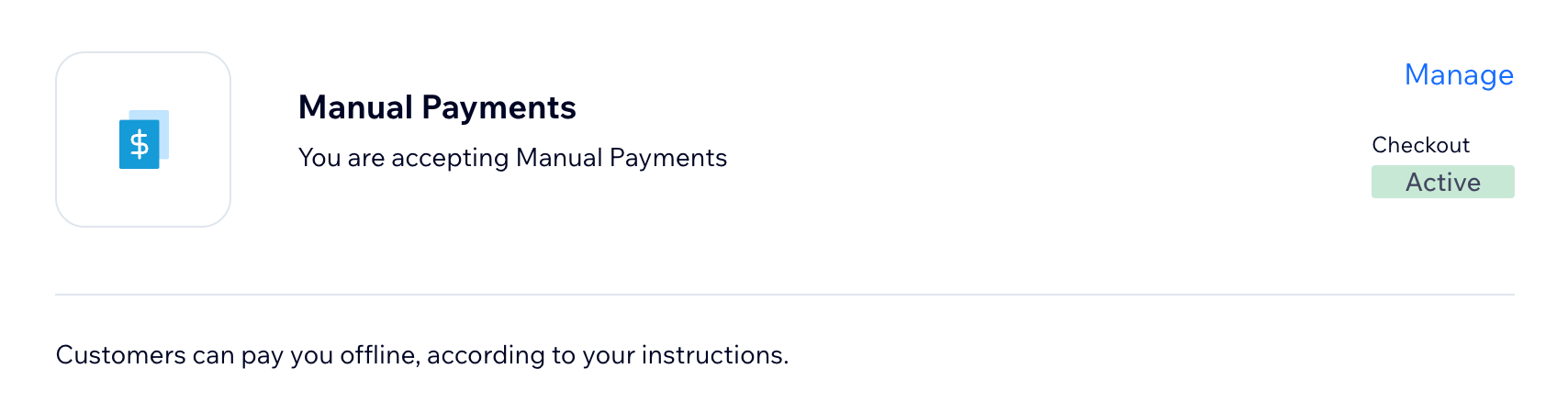 A screenshot of the manual payment method active